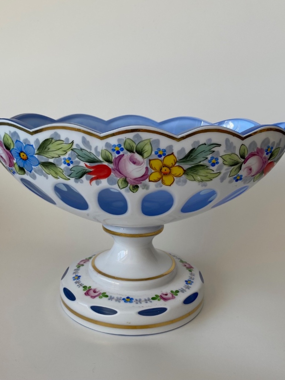 Vintage Moser Glass Oval Bowl: Cut-to-Clear, White with Blue Overlay
